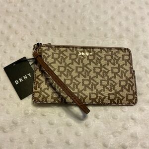 DKNY Tan and Brown Logo Wristlet. NWT